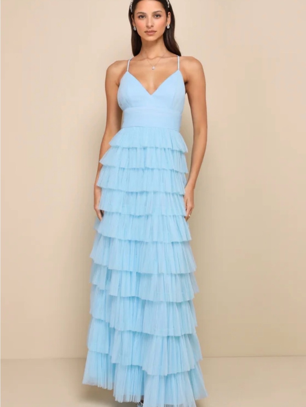 Lulus Radiant Event Light Blue Mesh Tiered Pleated Backless Maxi Dress Large